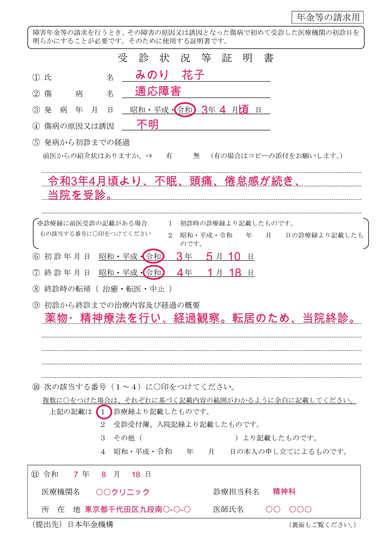 受診状況等証明書（記入例）