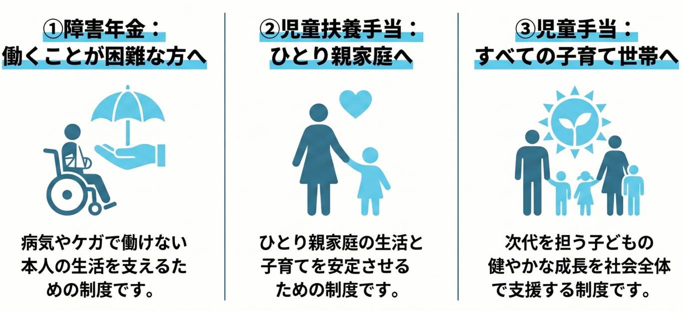 障害年金・児童扶養手当・児童手当の違い